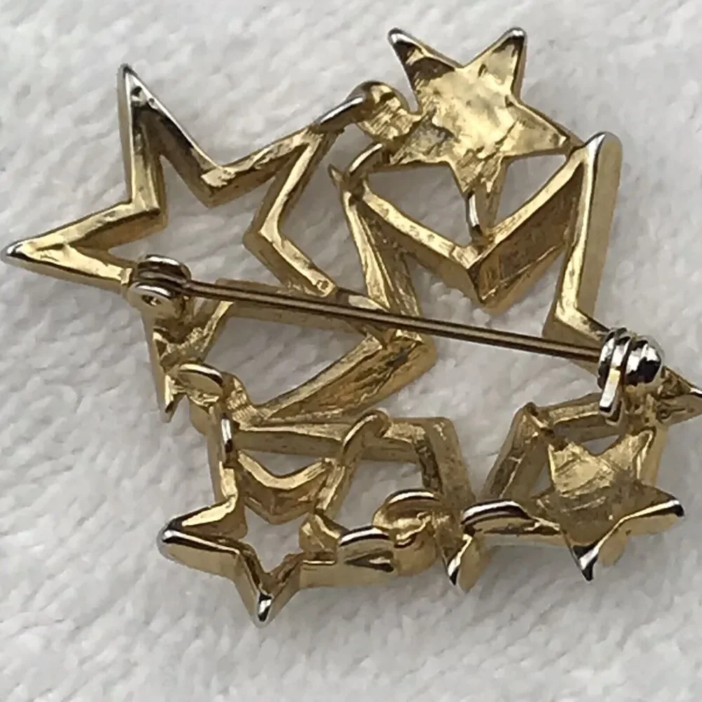 Stars Pin Brooch Gold Tone Jeweled
